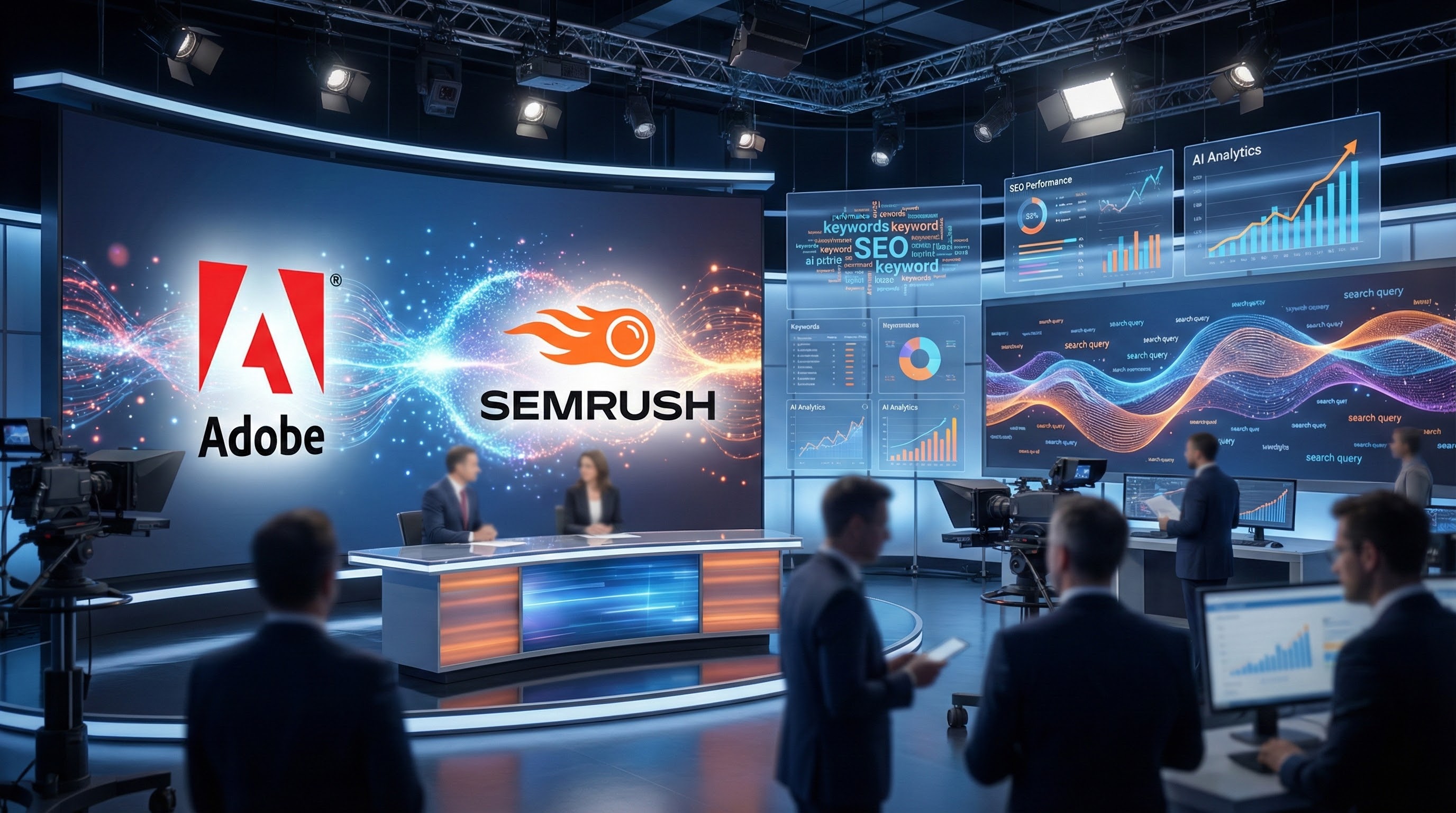 Adobe and semrush acquisition visual showing data analytics, seo dashboards, and ai-driven marketing insights representing the $1. 9 billion deal.