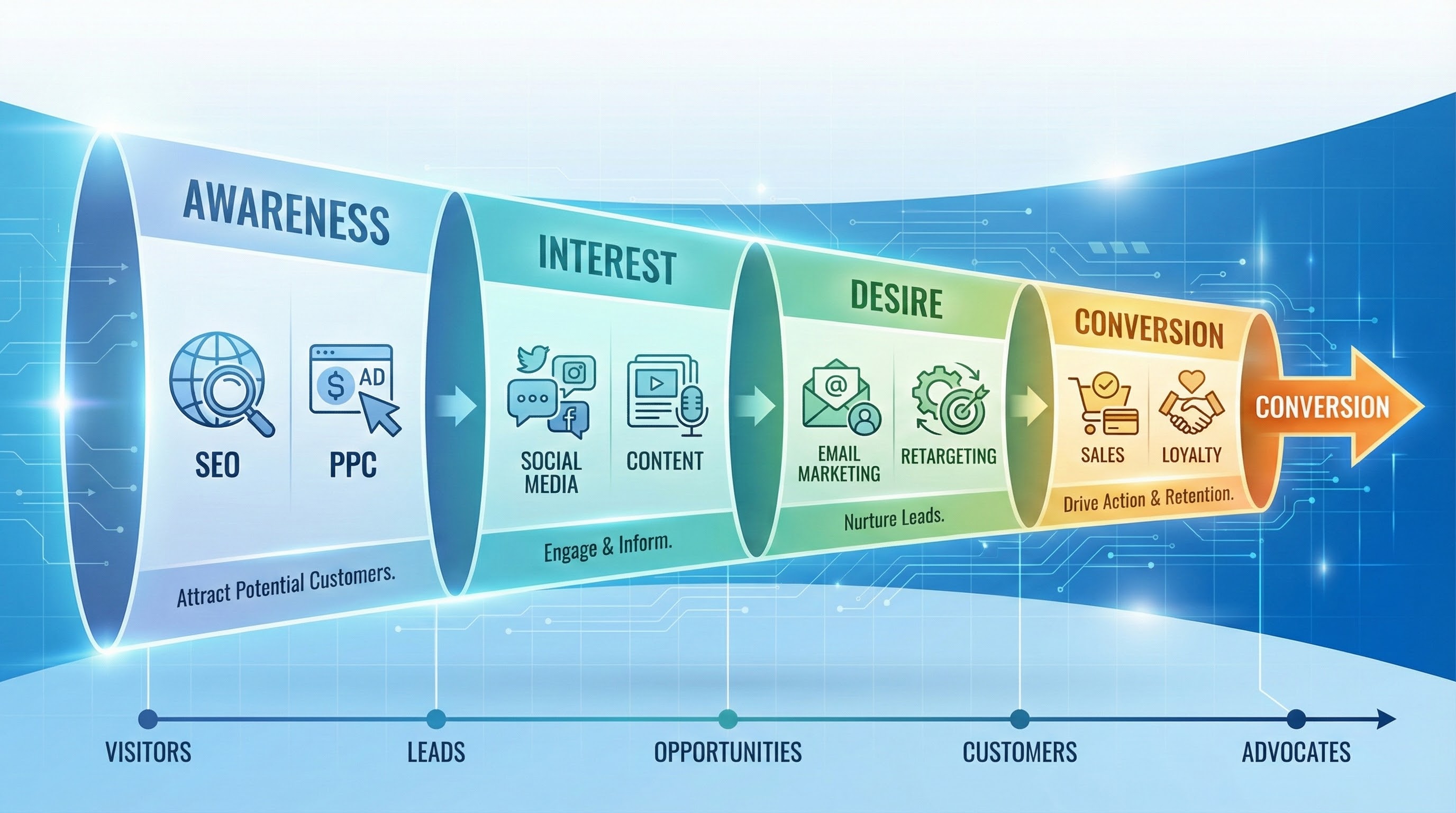 Full-funnel digital marketing diagram illustrating awareness, consideration, conversion, and retention stages