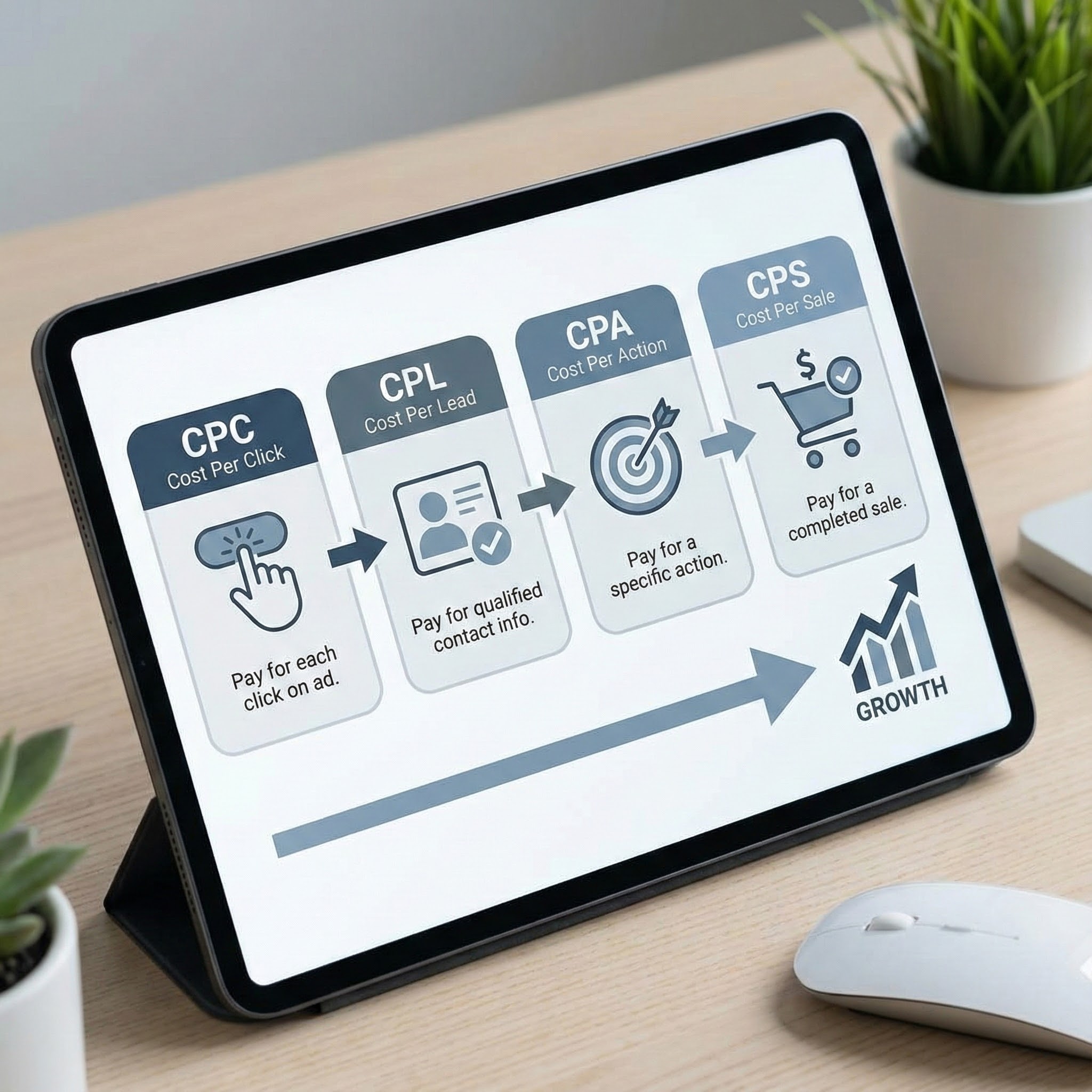 Visual explanation of performance-based advertising models including cpc, cpl, cpa, and revenue-based marketing structures