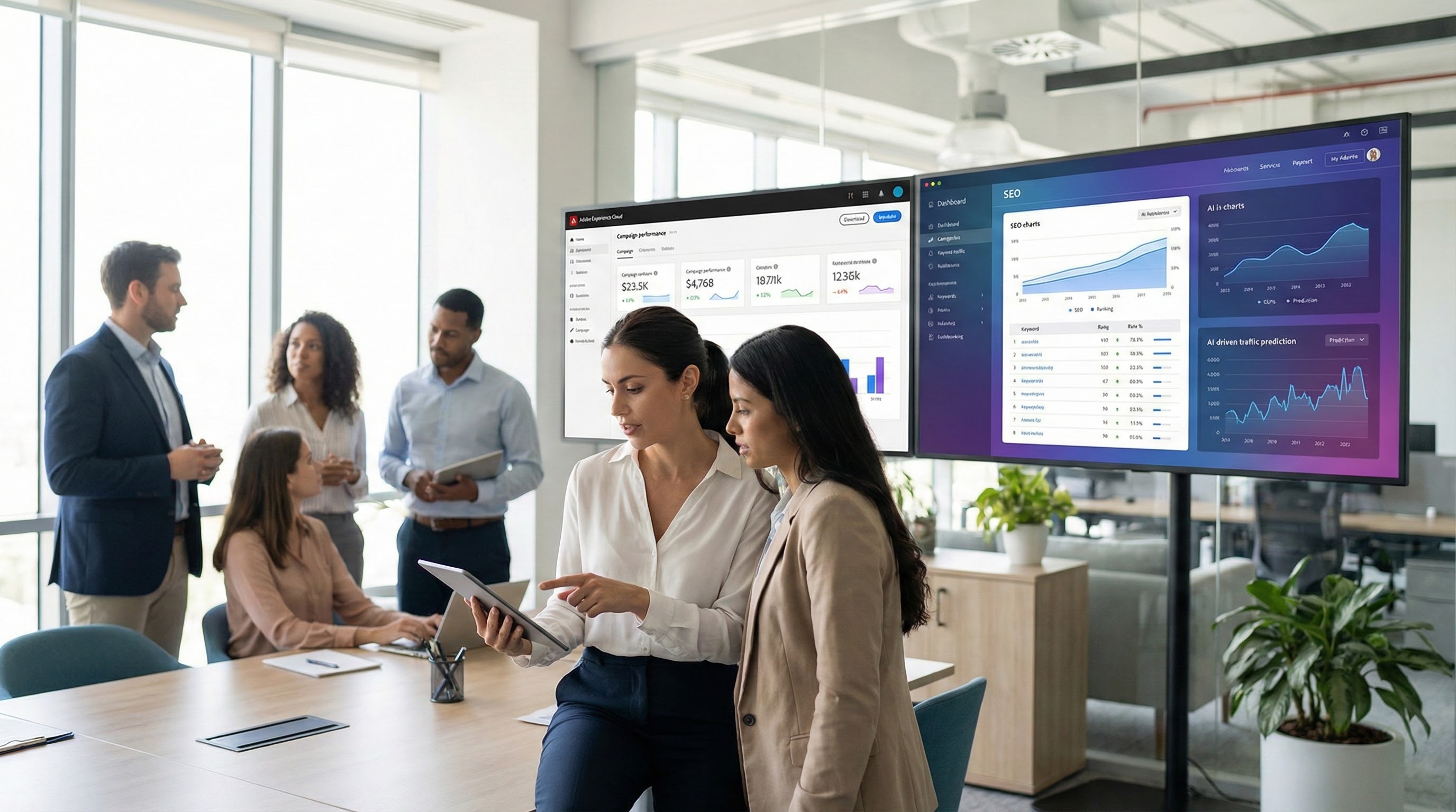 Marketing and seo professionals analyzing keyword rankings, traffic data, and ai analytics dashboards after adobe’s acquisition of semrush.