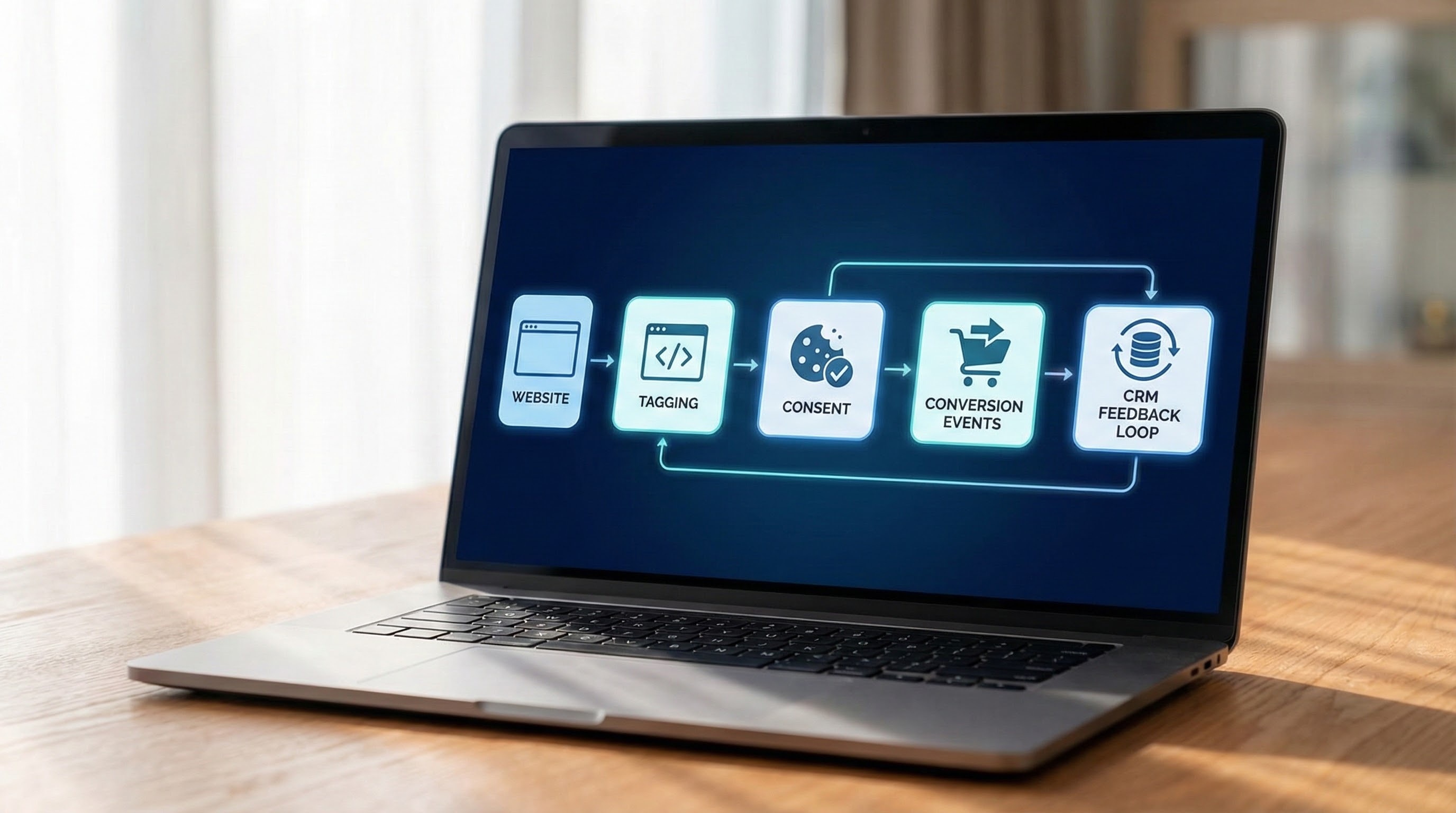 Performance marketing tracking system showing website events, consent-based analytics, conversion tracking, and crm integration
