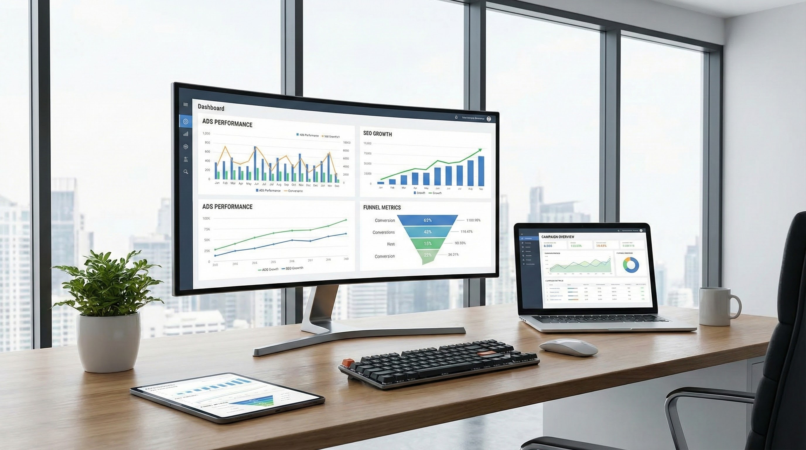 Performance advertising and growth marketing comparison showing digital marketing metrics, funnels, and roi dashboards