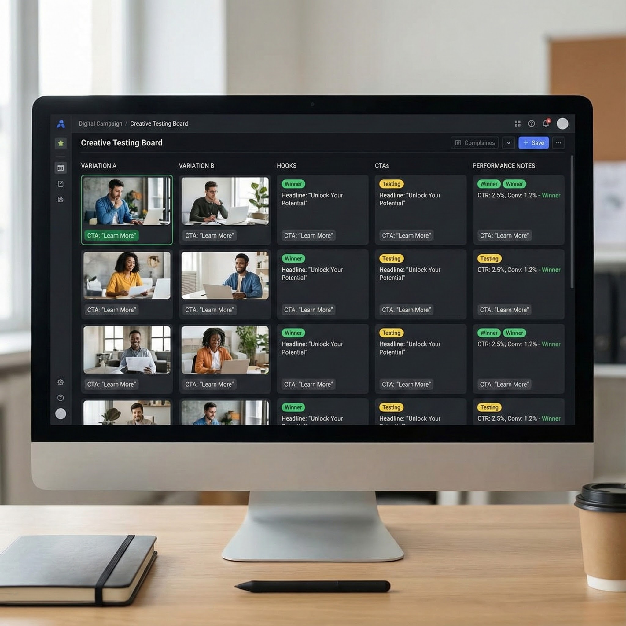 Digital advertising creative testing setup displaying multiple ad variations, messaging angles, and performance optimization workflow