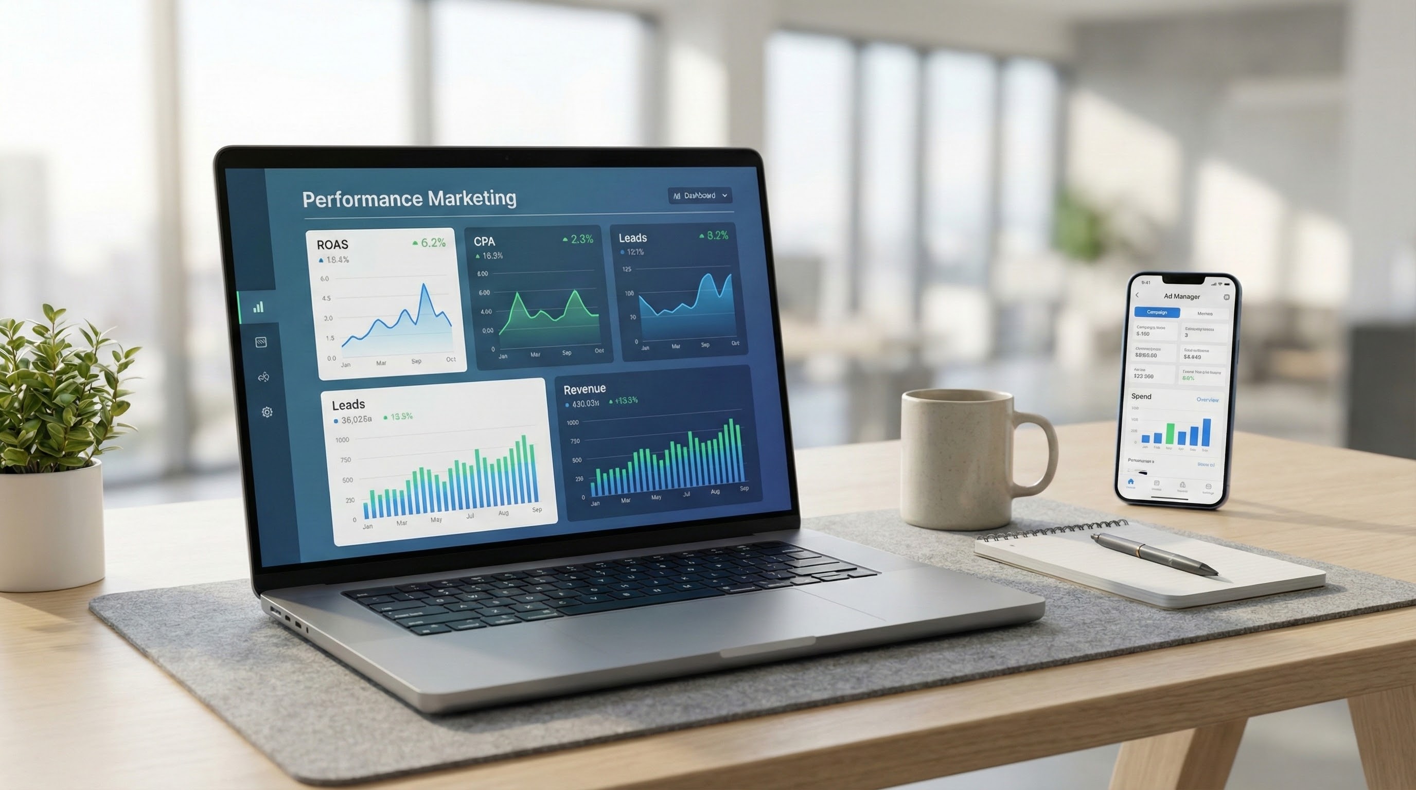 Performance-based advertising dashboard showing roi, cpa, roas, and lead conversion metrics across digital marketing campaigns