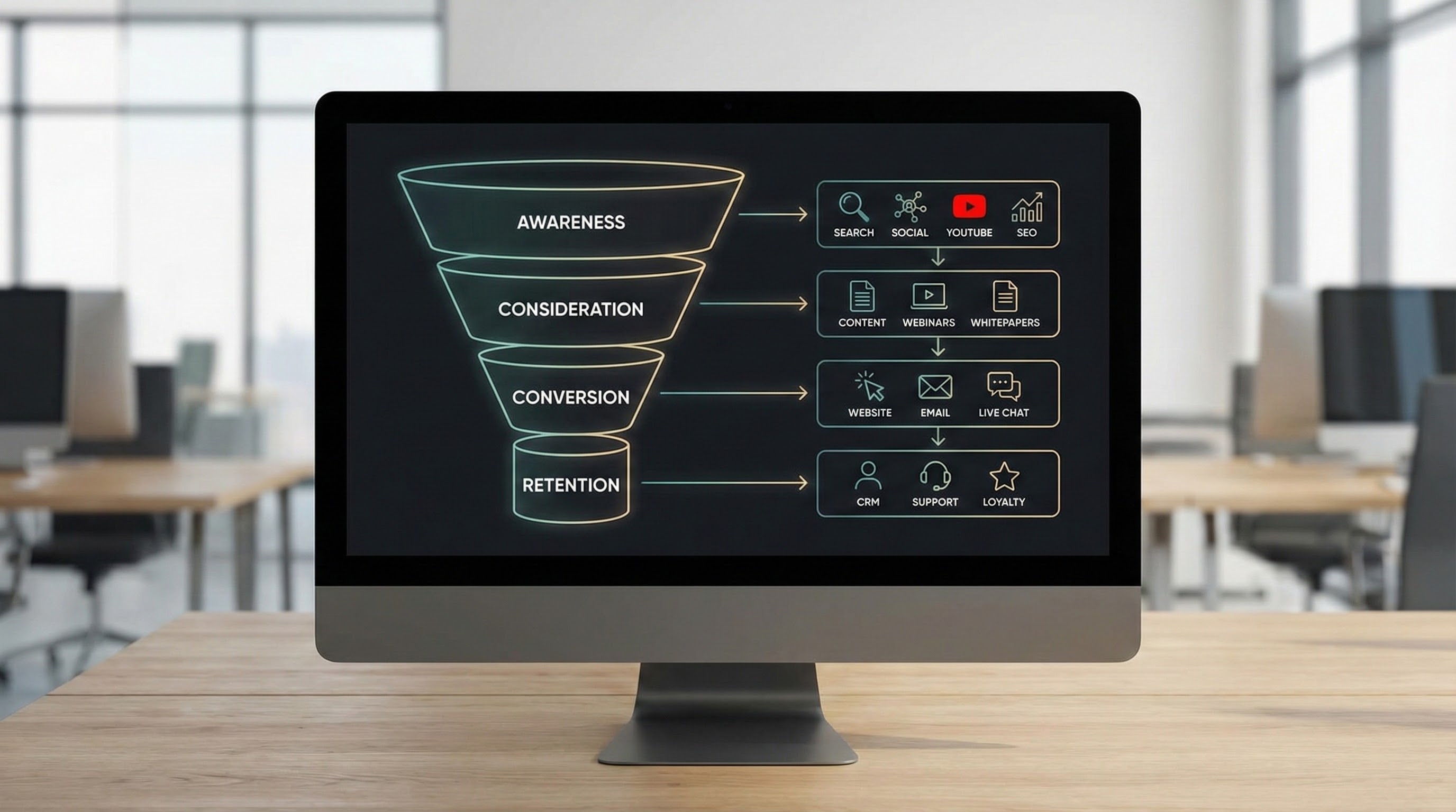 Digital marketing funnel illustrating awareness, consideration, conversion, and retention stages across paid and organic channels