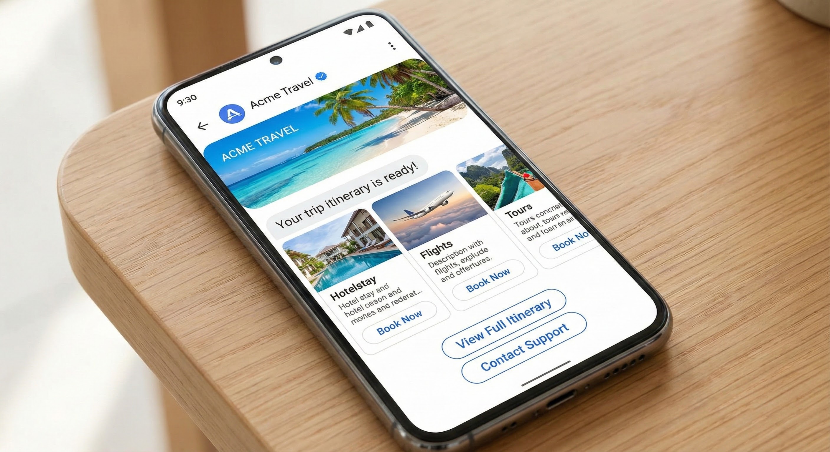 Rcs messaging example with verified sender, branding, and interactive buttons.