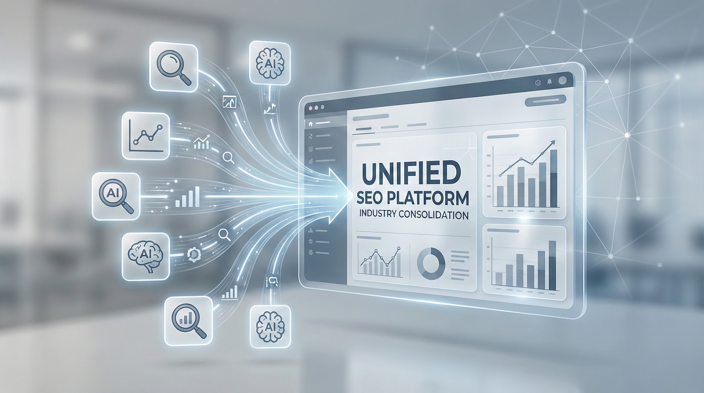 Conceptual visual showing consolidation of seo tools and analytics platforms as adobe acquires semrush to strengthen ai-driven marketing strategy.
