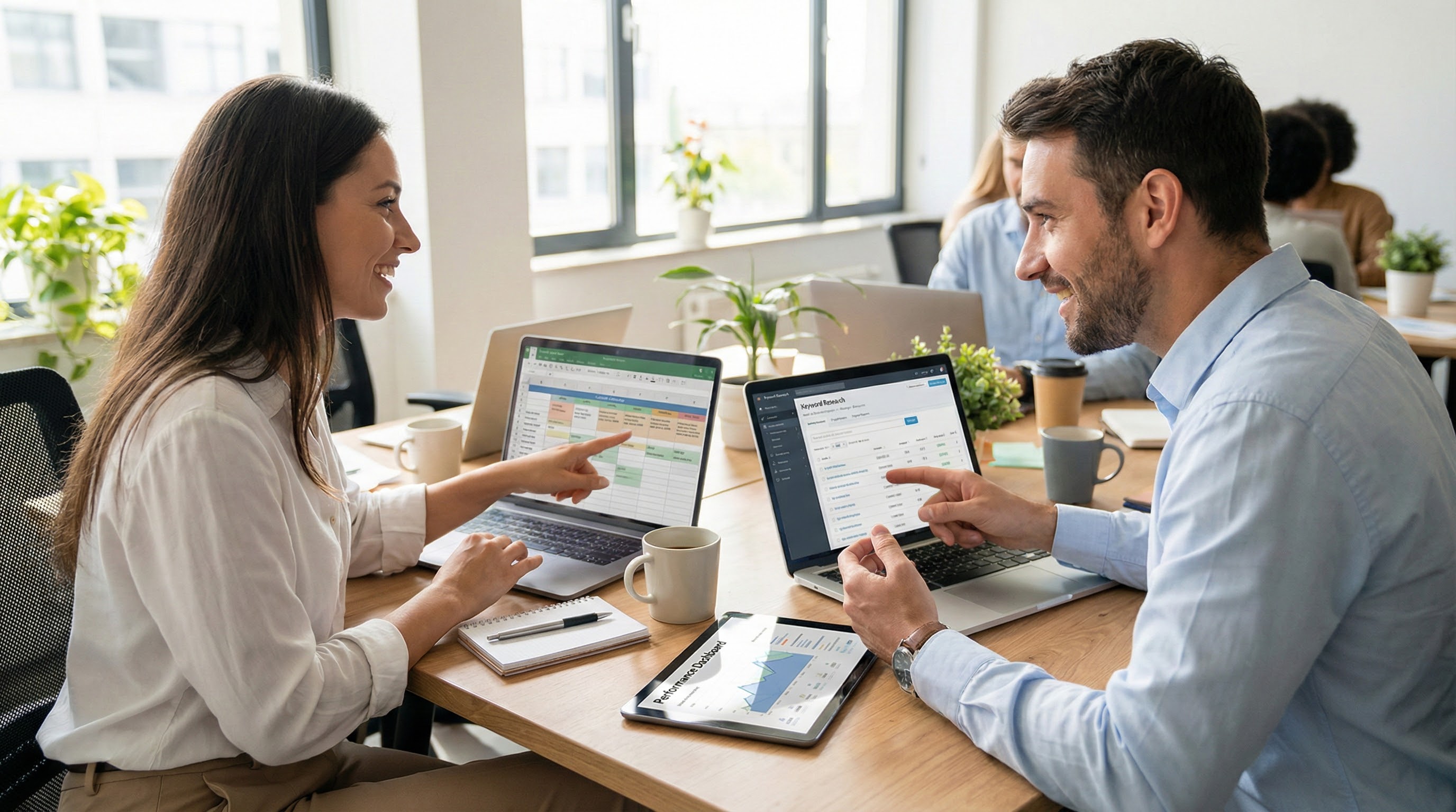 Seo analyst and content strategist reviewing keyword research and performance metrics using semrush data integrated into adobe marketing tools.