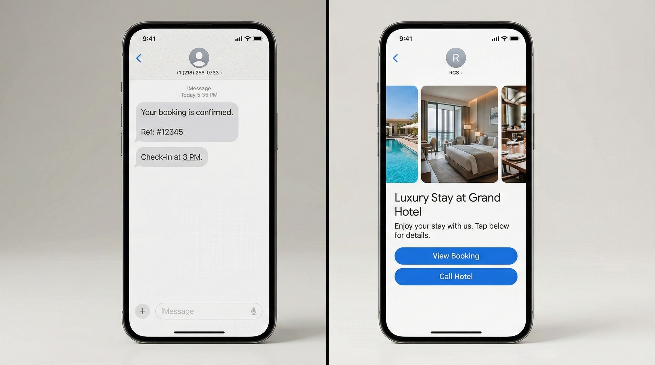 Rcs vs sms comparison showing rich cards and buttons vs plain text