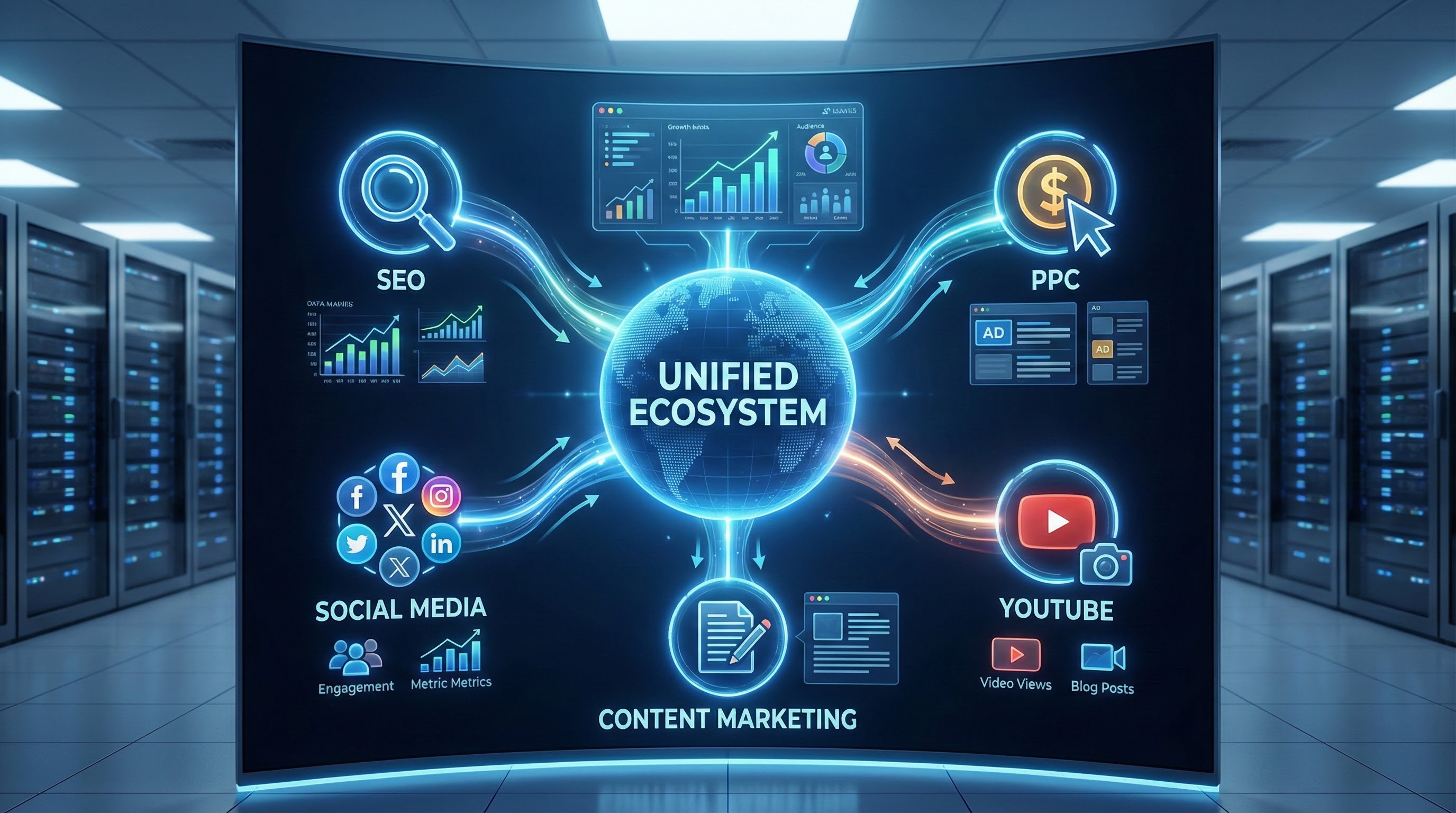 Full-funnel digital marketing ecosystem integrating seo, ppc, content marketing, social media, and analytics