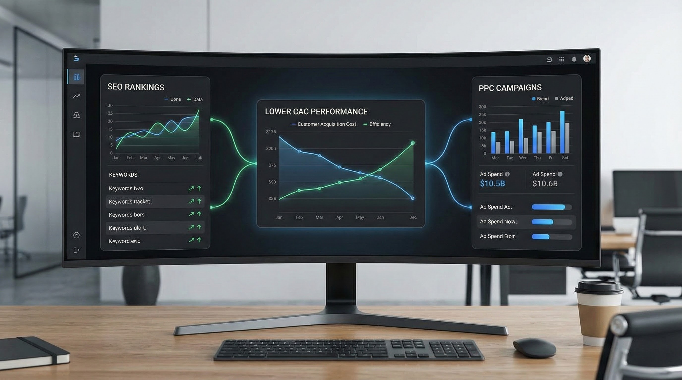 Seo and ppc integration visual showing organic search growth combined with paid advertising to reduce cost per acquisition