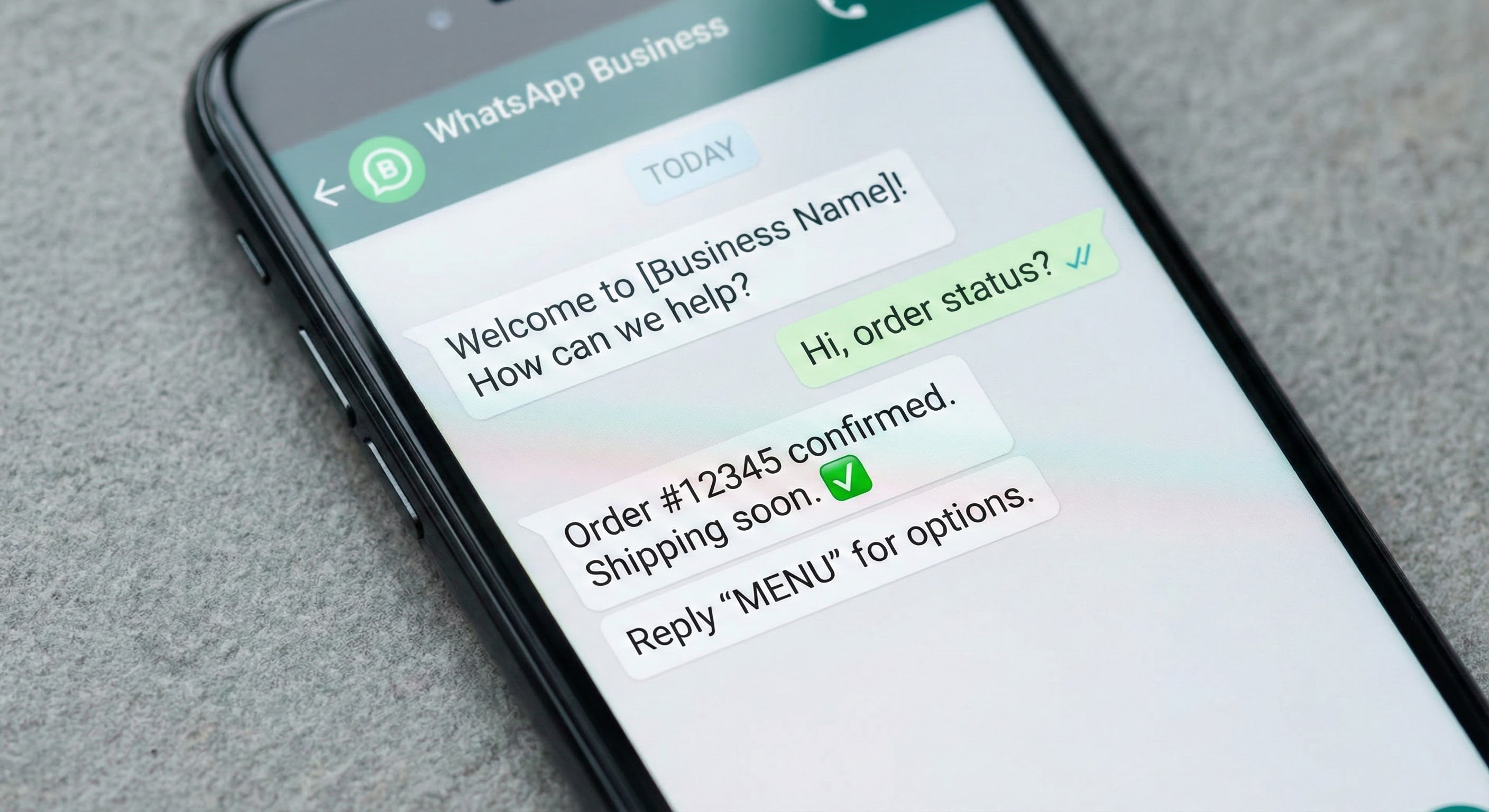 Whatsapp business chat interface showing two-way customer messaging and order updates.