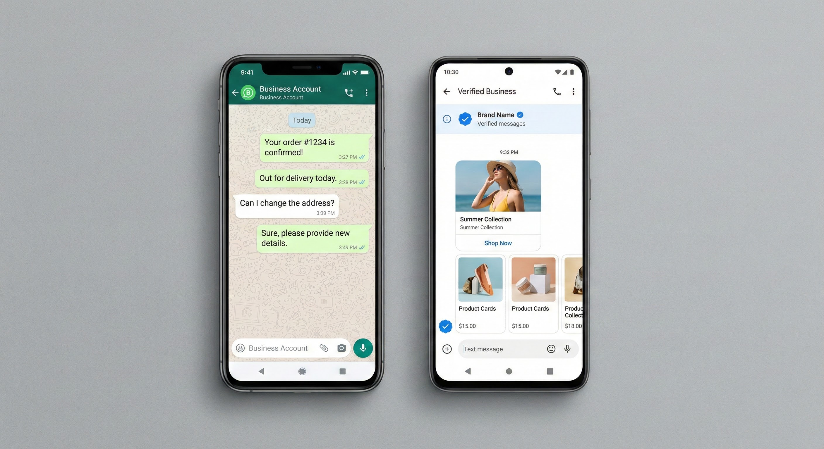 Side-by-side view of whatsapp marketing chat and rcs messaging rich business message formats.