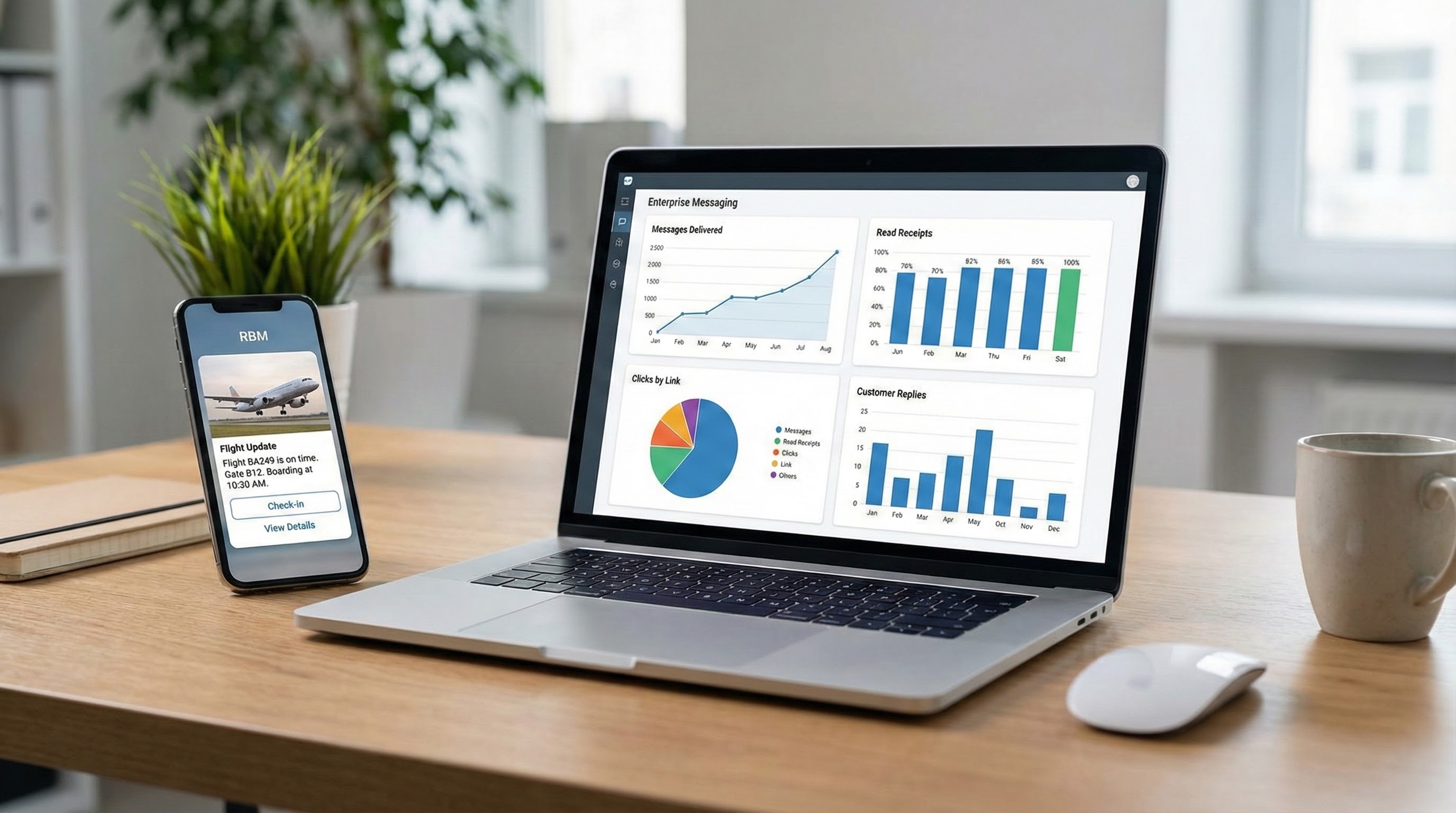 Rcs business messaging analytics dashboard with delivery and click metrics