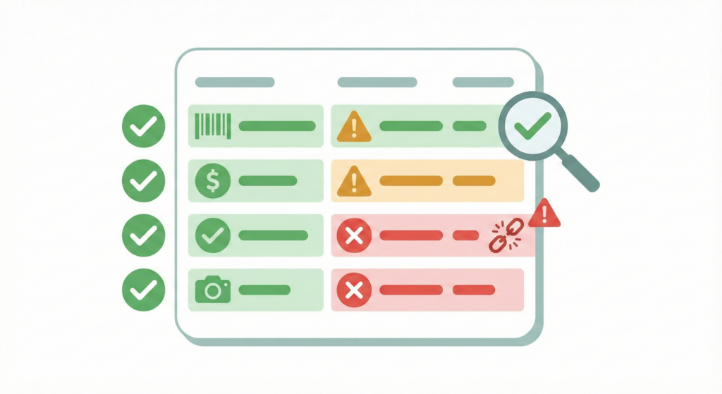 Data quality concept with checks and alerts for product feed attributes.