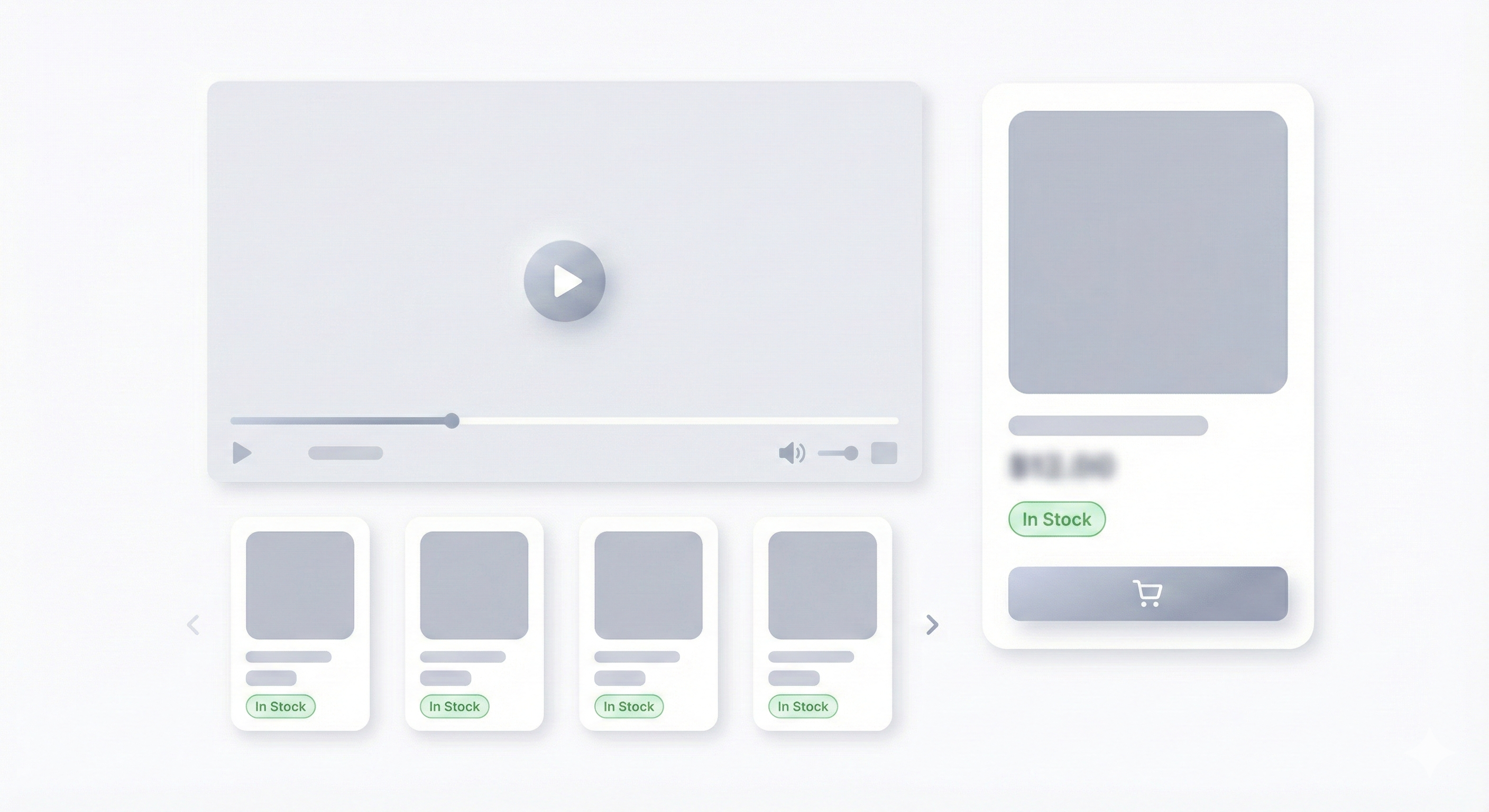 Close-up mockup of shoppable product cards and a product carousel beside a video.