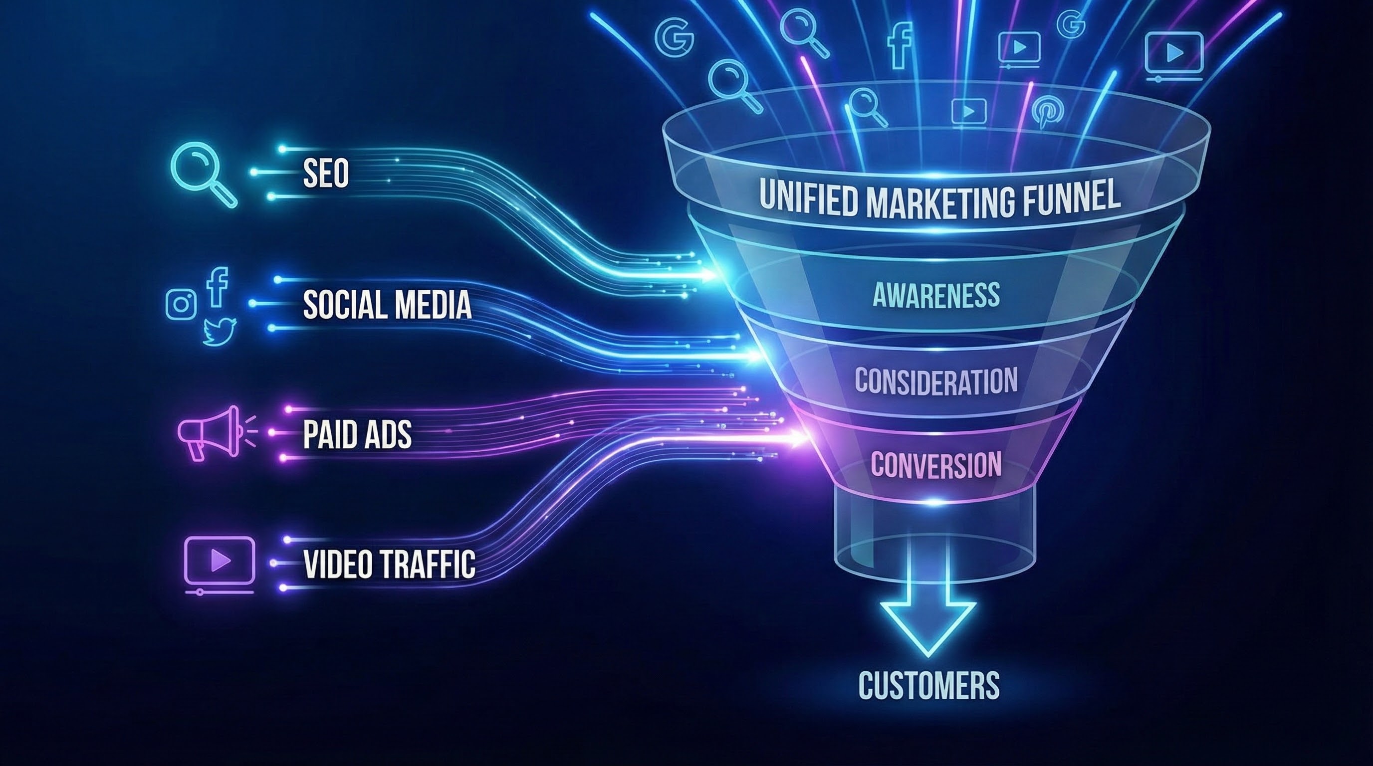 Full-funnel digital marketing traffic flow from seo, paid ads, social media, and video into a unified funnel