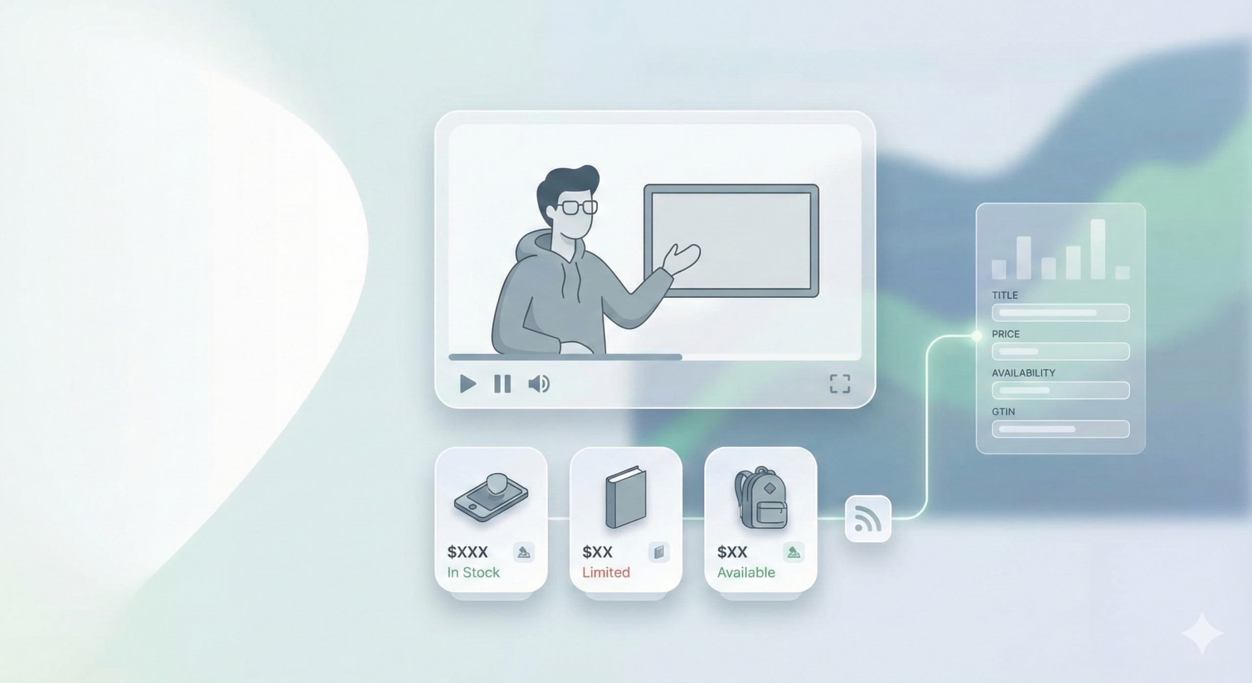 Hero graphic showing a video with a shoppable product carousel powered by a product feed.