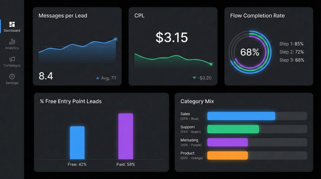 Dashboard tracking messages per lead and whatsapp cost per lead.
