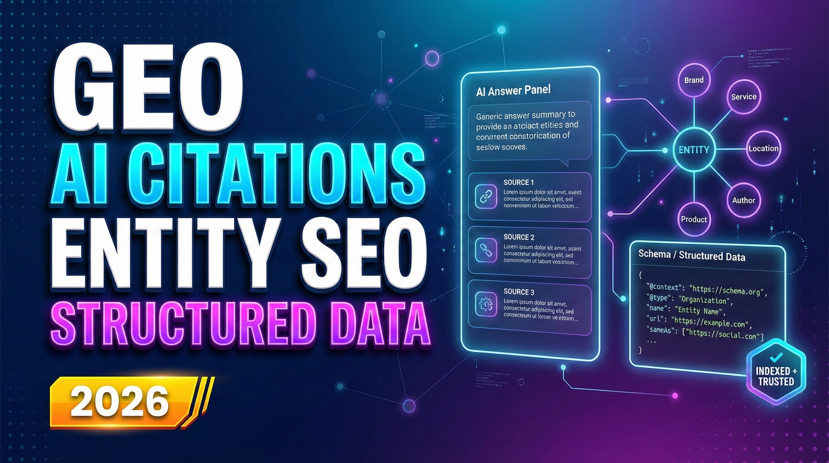 Hero showing generative engine optimization (geo) connecting entities and schema to ai citations.