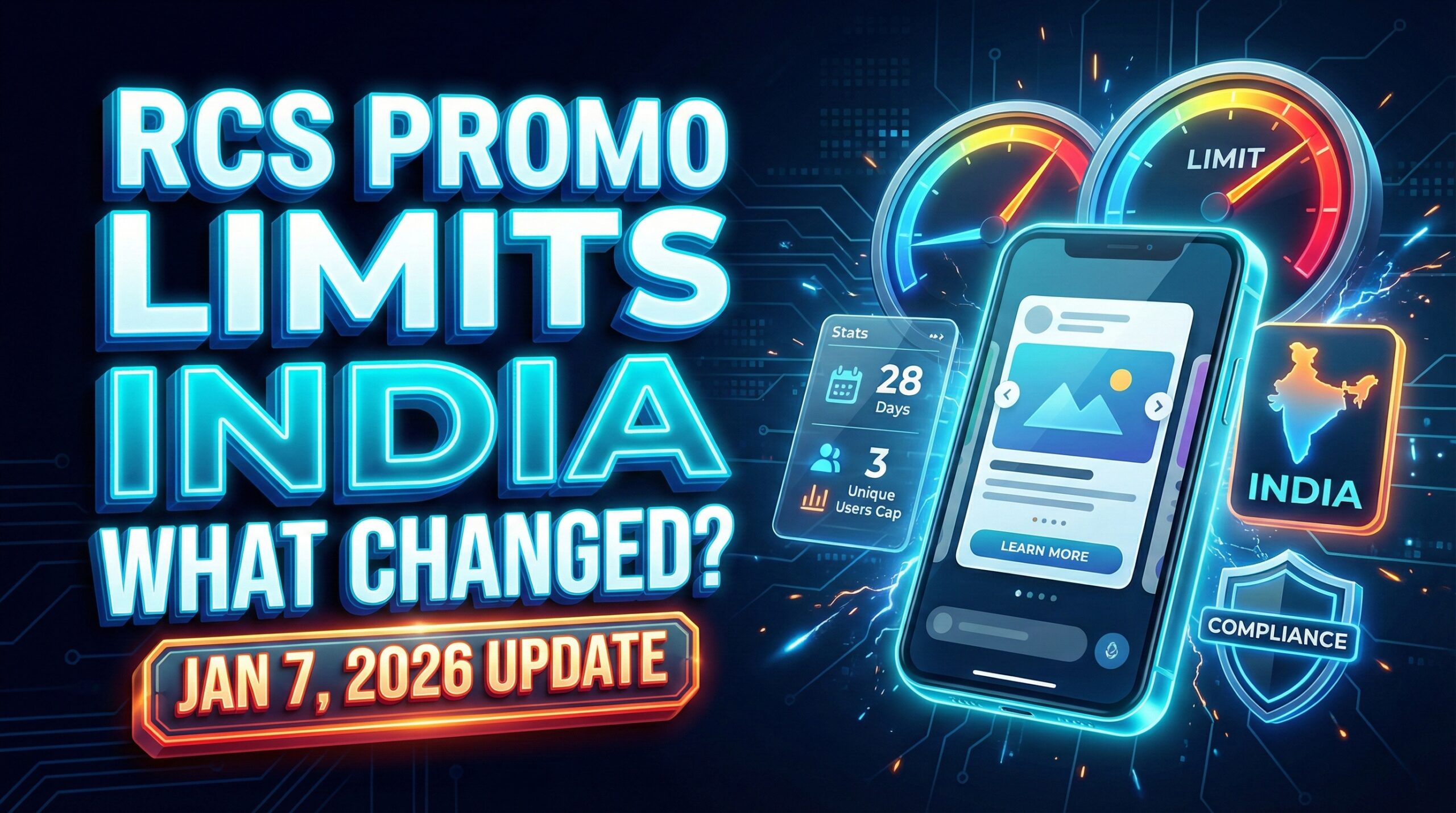 Rcs promotional traffic limits in india update shown as a rich messaging promo and limit dashboard.
