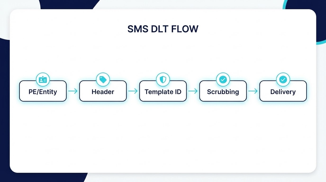 Diagram explaining how dlt scrubbing checks templates before sms delivery.