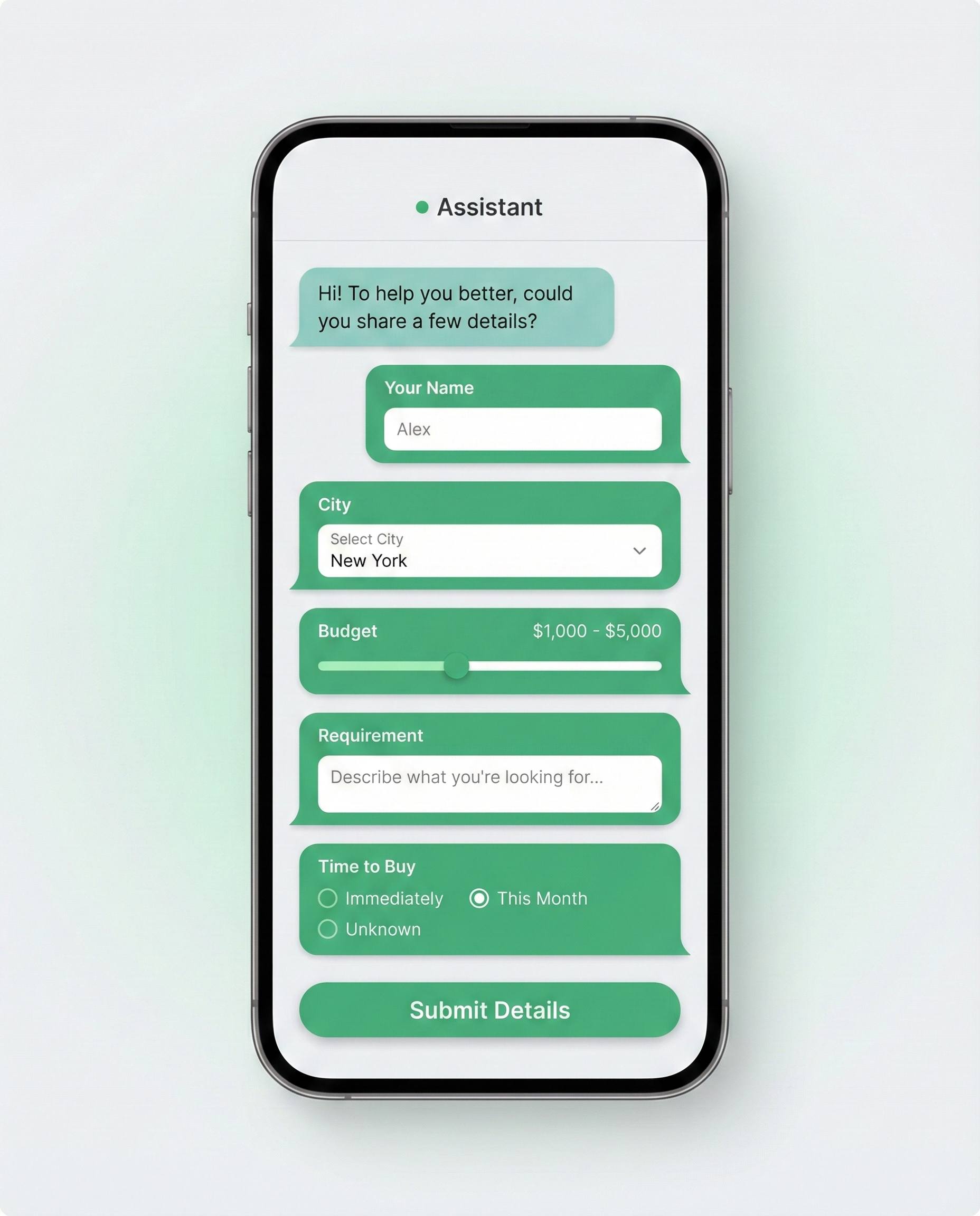 Whatsapp flow-style form used to qualify leads.