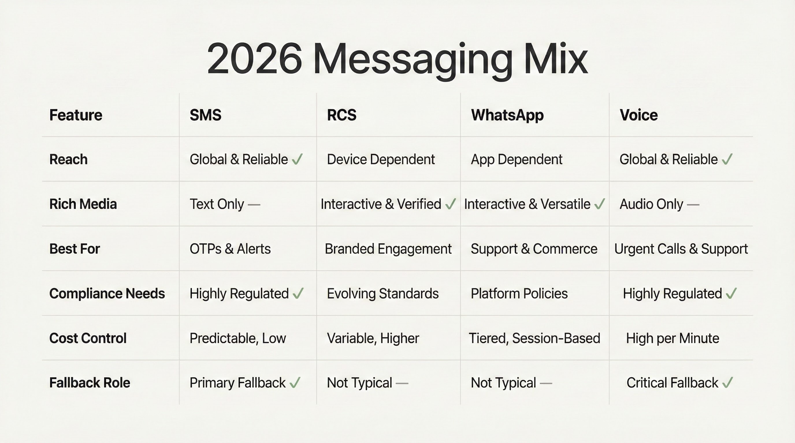 Sms vs rcs vs whatsapp vs voice in 2026: choosing the right channel by use case