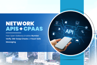 Cover graphic for network apis + cpaas showing a smartphone with api network icons for number verification, sim swap checks and fraud-safe messaging.