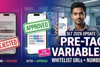 Before-and-after dlt sms template showing “rejected” vs “approved” after pre-tagging variables and whitelisting urls and numbers.