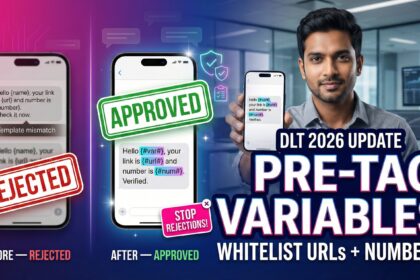Before-and-after dlt sms template showing “rejected” vs “approved” after pre-tagging variables and whitelisting urls and numbers.