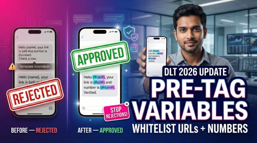 Before-and-after dlt sms template showing “rejected” vs “approved” after pre-tagging variables and whitelisting urls and numbers.