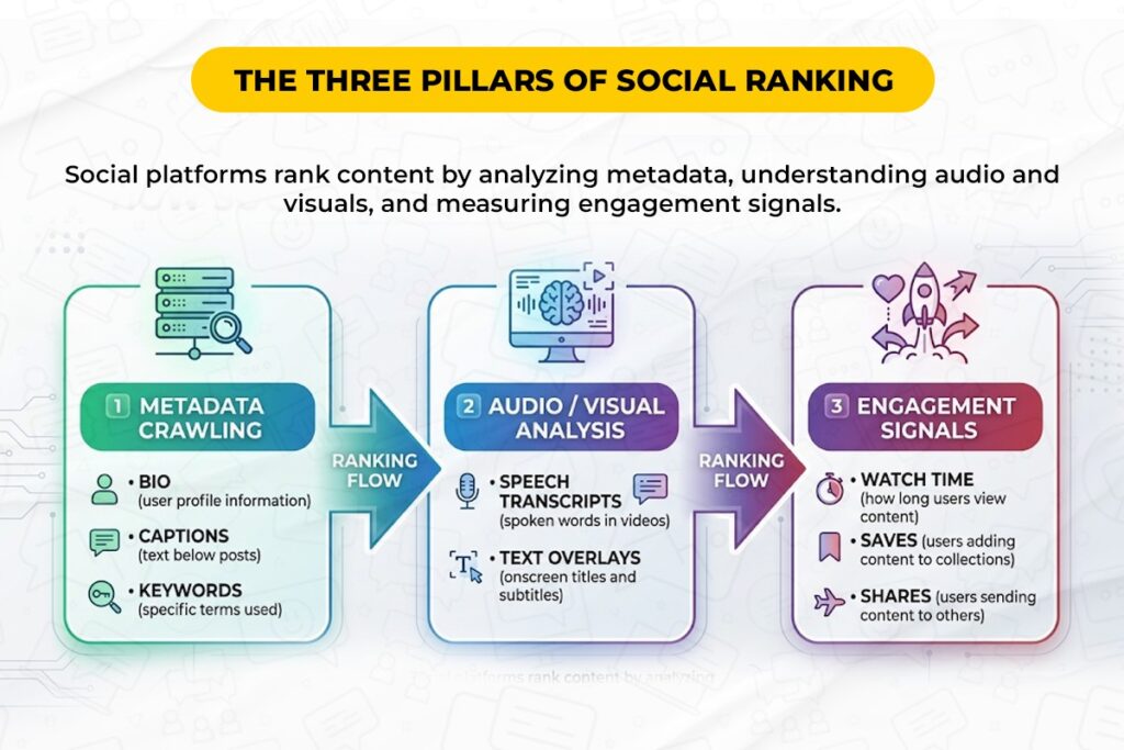 How the social media search algorithm works with metadata crawling audio and visual analysis and engagement signals for social media seo ranking