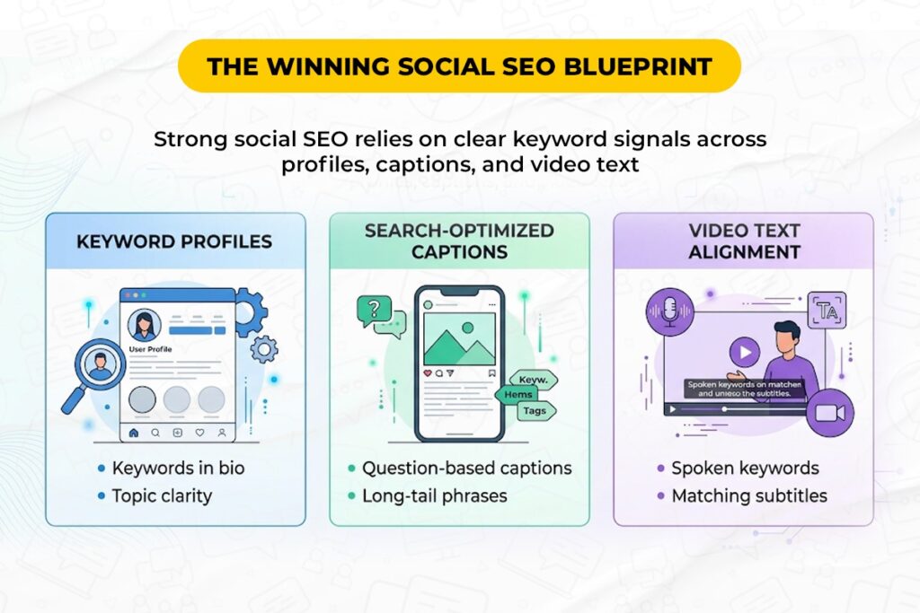 Practical examples of social media seo across youtube instagram and linkedin showing ranked video tutorials local business discovery and expert content search