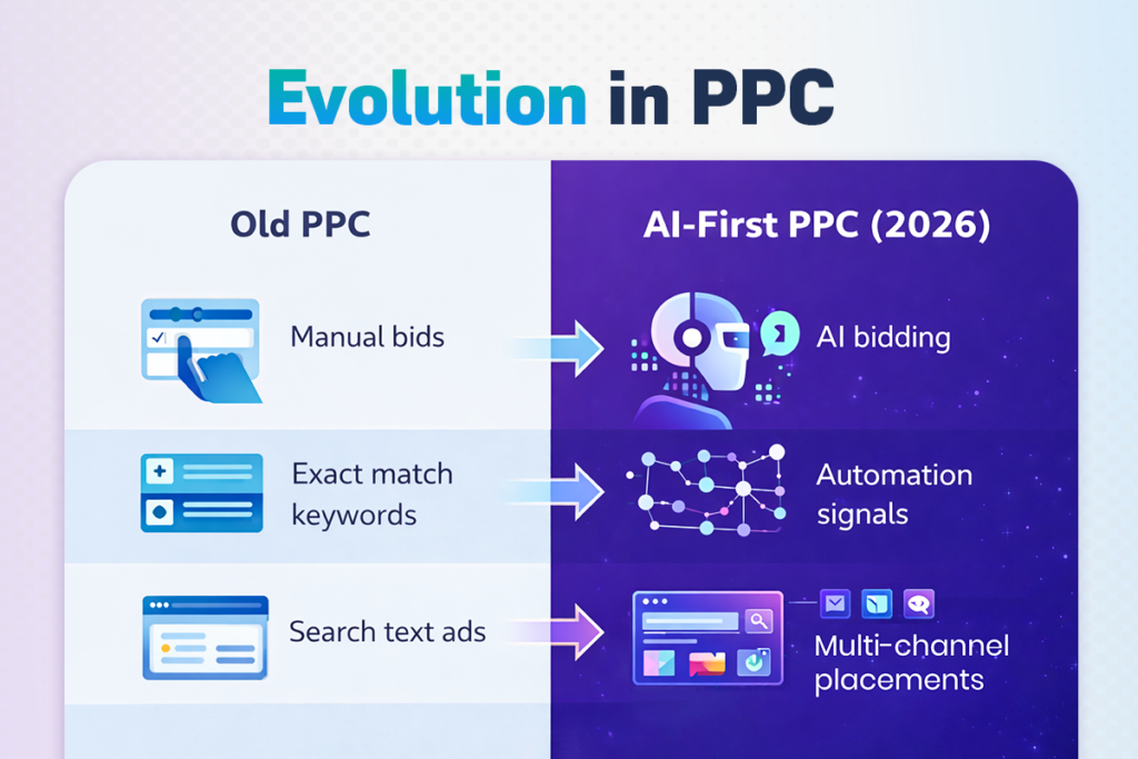 Evolution in ppc infographic comparing old ppc with ai-first ppc 2026 using ai bidding, automation signals, and multi-channel placements