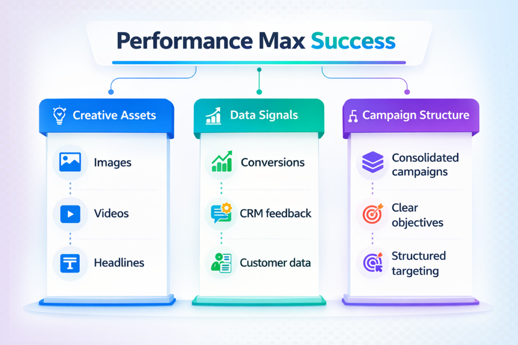 Performance max success framework highlighting creative assets, data signals, and campaign structure for better ai-first ppc performance