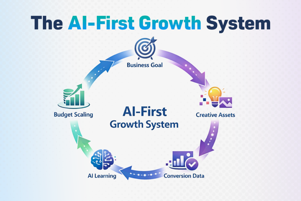 Ai-first growth system cycle showing business goals, creative assets, conversion data, ai learning, and budget scaling in ai-first ppc campaigns