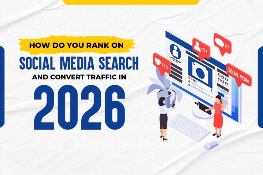 Social media seo 2026 featured image showing how to rank on social media search and convert traffic with a social media marketing dashboard illustration