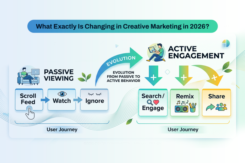 Infographic showing user behavior evolving from scroll/watch/ignore to active engagement: search/engage, remix, and share.