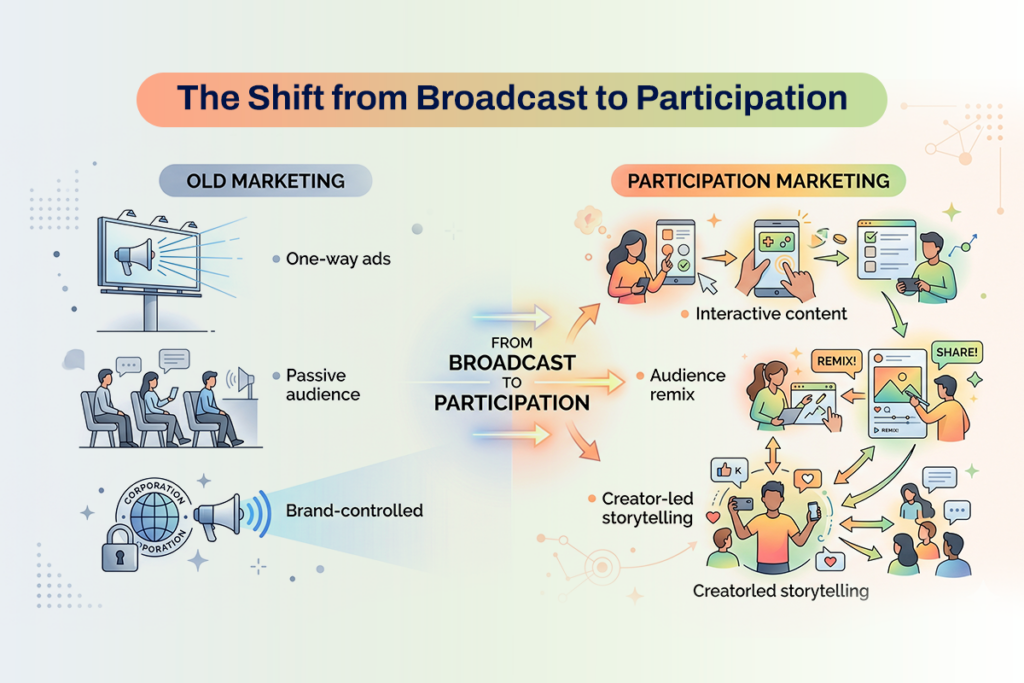 Comparison showing old marketing as one-way broadcast to passive audiences versus participation marketing with interactive content, audience remix, and creator-led storytelling.