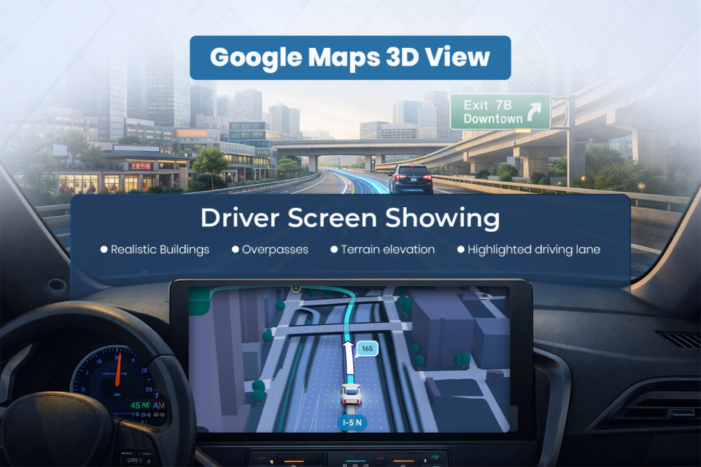 Google maps 3d driving view on a car screen showing realistic buildings, overpasses, terrain elevation, and highlighted driving lane.