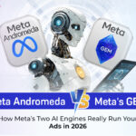 Cover image showing a robot between meta andromeda and meta gem logos, highlighting how meta’s two ai engines power ad delivery in 2026.