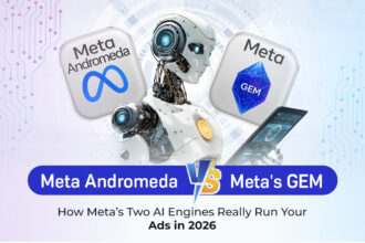 Cover image showing a robot between meta andromeda and meta gem logos, highlighting how meta’s two ai engines power ad delivery in 2026.