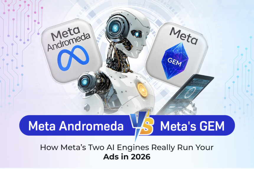 Cover image showing a robot between meta andromeda and meta gem logos, highlighting how meta’s two ai engines power ad delivery in 2026.