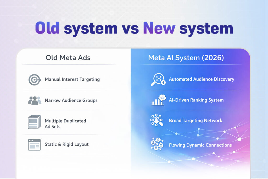 Comparison graphic showing old meta ads (manual targeting, narrow groups, duplicated ad sets) vs meta ai system 2026 (automated discovery, ai ranking, broad targeting network).