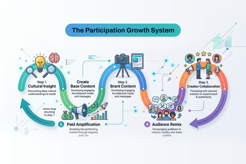 Loop diagram of the participation growth system: cultural insight, base content, brand content, creator collaboration, audience remix, and paid amplification cycling back.