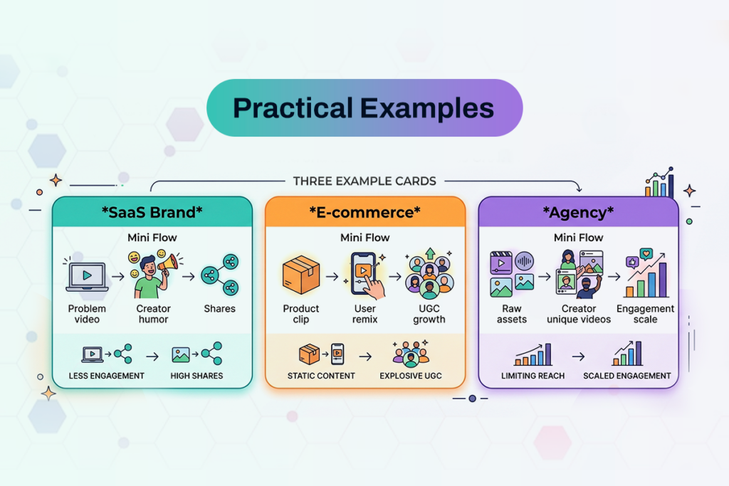 Three participation marketing example cards showing saas creator humor, e-commerce user remix driving ugc growth, and agency raw assets turning into scaled engagement.