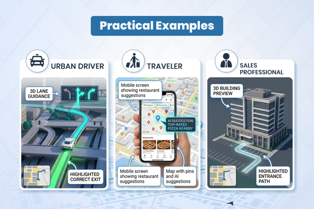 Practical examples of immersive navigation: urban driver lane guidance, traveler ai place suggestions, and sales professional 3d building preview with entrance path.